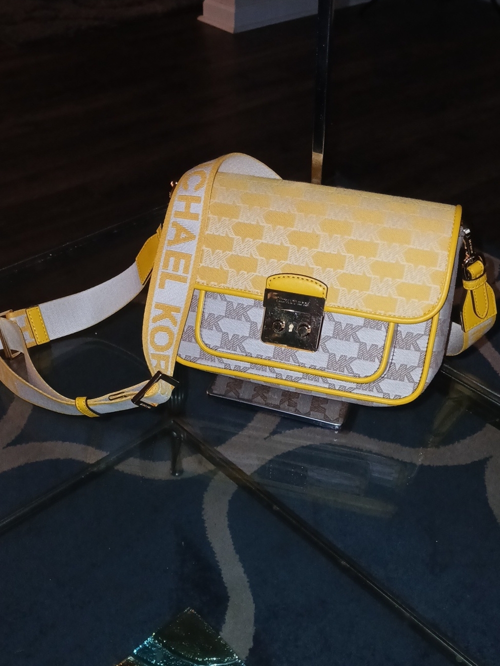 Michael Kors Yellow and White MK Logo Crossbody Bag